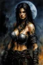 Placeholder: A stern warrior woman, against a rock background, night, moon, darkness, something terrible behind, harsh tones, cold colors, by Luis Royo & Leonid Afremov