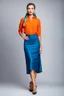 Placeholder: full body of very beautiful lady midi blue skirt and orange bluse , Braided hair ,standing idle happy pose in studio pretty makeup