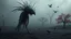 Placeholder: close in center weird crepy bird-man creature around different small dark crepy birds and far away surreal thriller vibe trees in alternative surreal barren, dry, gloomy world, nightmare in abyss, deep vortex, black, gray, purple, brown, silver, dark red colors, surreal, weird dark fantasy, deep dark colors, sharp lines, crepy stunning, high detalied, weird, fog, shadows, realistic, surreal, highly detailed, melancholic thriller mood