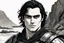 Placeholder: A portrait of Joaquin Phoenix in his early 30s, long beachy haircut, black hair, on a rocky island, in ebony armor from Skyrim, melancholic and dangerous facial expression, half-smiling, drawn in the style of ink manga sketch