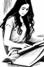 Placeholder: Pencil sketch of Young woman, Arab features,sad, long wavy hair, reading a book, full body، on lined paper