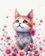 Placeholder: A detailed illustration of a print of a colorful cat, fantasy flowers splash, vintage t-shirt design, in the style of Studio Ghibli, light white and pink pastel tetradic colors, 3D vector art, cute and quirky, fantasy art, watercolor effect, bokeh, Adobe Illustrator, hand-drawn, digital painting, low-poly, soft lighting, bird's-eye view, isometric style, retro aesthetic, focusedon the character, 4K resolution, photorealistic rendering, usingCinema 4D