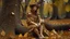Placeholder: woman in clothes made of tiny autumn leaves, legs and arms made from branches, sitting next to a tree stump, in an autumn wood