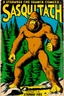 Placeholder: Vintage paper superhero comic book "sasquatch", strange brand comics, 25¢, accurate hands, throwing a rock in the forest, shiny paper, clenched fists