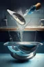 Placeholder: in focus, a jet of water flows into a spoon and splashes everywhere in a sink tray