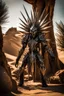 Placeholder: A sinister humanoid creature made entirely of sharpened metal blades and spikes stands before a metal tree in a desert cave. Photograph.