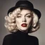 Placeholder: marilyn monroe, a blonde woman with short, wavy hair, is the focal point of the image. she's dressed in a dark brown turtleneck sweater, paired with a black hat and a black suit jacket. her lips are a vibrant red, and her eyes are a deep brown. her hair, a light shade of blonde, is styled in loose waves, adding a touch of whimsy to her appearance. in the background, a man with a black hat and a white shirt is visible..,bokeh like f/0.8, tilt-shift lens 8k, high de