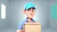 Placeholder: 3d illustration of portrait handsome driver man wearing helmet and delivery box. half body. pixar. cute style