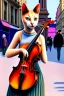 Placeholder: One single female cat playing violin on the street, Vienna, colours, smiling, model style, perfect iris, perfect violin, hyper realistic, extremely accurate, delicate, extremely detailed, Graphic novel style, wide-angle, open aperture, superfine pencil