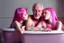 Placeholder: digital art of beautiful young pink hair teenage girls with dad in the bedroom in a bathtub with grandpa hugging bare lips