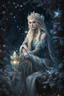 Placeholder: Elven princess,elven crown,long blonde golden hair,rapunzel hair,ice flowers,beautiful,light blue,dark blue,golden armor,sparkle,glitter,ice flowers,snow,elven ears,dark fairy princess