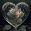 Placeholder: a large transparent heart with a beautiful tea rose with a print of small drops, outside the heart, close to the heart, a sprig of splendor myrtle, intricate work, 8k resolution