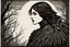 Placeholder: create a deeply powerful tragic, heart wrenching, evocative, and darkly magical woodcut of a raw and weathered raven maiden girl with highly detailed and deeply cut facial features, in the style of EDWARD BURNE-JONES, and KATHE KOLLWITZ , searing lines and forceful strokes