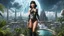 Placeholder: Photorealistic, full Body Photo Of A slim Exotic Sci-Fi Pin-Up Girl, With dark Hair and Bangs, on an alien jungle Planet With Cloud Trees, Tall Spires, Buildings, Bridges, Arches, a stormy skyline, with lightning