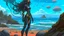 Placeholder: A long-haired woman in a robotic-looking catsuit standing on a beach of a rocky landscape with flying mushrooms with jellyfish tentacles and a crashed spaceship in the distance, with a forest beyond