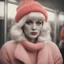 Placeholder: Jayne mansfield, sad,in the metro in the style of a polaroid,, pink,orange, red, with a knitted hat