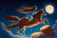 Placeholder: a long, brown-haired girl rides a horse dynamically across the night sky, leaping over a pile of different cookies. Shining moon, in starshine