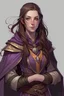 Placeholder: cahotic neutral charismatic Wood Elf Bard Female with pale skin and sharp features, long brown hair, wearing a purple vest and brown adventurer's cloak with a smirk.