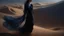 Placeholder: dark and mysterious, An expansive desert with rolling sand dunes, where the heat creates a surreal mirage effect, a single woman of Middle Eastern descent in a flowing dress, squinting into the distance., dark shadows and fog, blurred, neo-expressionism