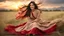 Placeholder: Hyper Realistic Photographic View Of a Young Beautiful Pashto Woman With Long Brown Hair & Beautiful Eyes Wearing Beige-Dress & Red Dupatta Smiling & Sitting On Long Grass Overlapping Her Dress & Her Hair Is Whirling With Cold Breeze At Cloudy Sunset Showing Dramatic & Cinematic Ambiance.