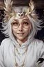 Placeholder: Cute Girl with White hair and owl feathers, Big Round Glasses, White dress, gold eyes, cute smile, alchemist, high detail,