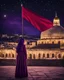 Placeholder: Artistic red purple little palestinian girl Holds a flag of Palestine In front of the Dome of the Rock at night , PRINT medieval style