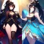 Placeholder: Clear focus, 8k, beautiful lighting, vibrant colors, girl, black hair, long hair, vibrant red eye, ponytail, messy hair, gold eye, thighs, black stockings, dress,