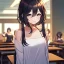 Placeholder: Clear focus, High resolution, a anime adult, cute, cartoony style, smiling, hair between eyes, holding a pencil, small forhead, female, medium length hair, long locks, lots of bangs, teacher, wearing a off shoulder shirt, no spaghetti straps