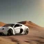 Placeholder: 3d rendering. futuristic white black yellow red car. Buried in desert sand. Lost in Time, cinematic lighting