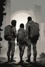 Placeholder: four persons, standing, silhouette, comic book,post-apocalypse, gray background, backpack,