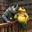 Placeholder: close up 3d illustration very fat yellow and green color big anthropomorphic frog in simple t-shirt and pants stands close and elbowing on an old wooden railing next to each other and talking with a strong gray color anthropomorphic rhinoceros without horns in modern security guard clothes, they talking and elbowing on an old wooden railing next to each other, in background a bibliothek with tall book shelves, detailed sci-fi, fantasy mood