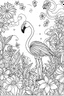 Placeholder: HAPPY NEW YEAR colouring page for kids,Flamingo stands tall in blooming flowers HAPPY NEW YEAR CELEBRATE, thick outline, low details, no shading, no colour