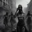 Placeholder: women, faces covered in black masks, ragged clothes, holding flag, war-torn, destroyed city in the background, 8k resolution, hyperrealistic, detailed matte painting, b&w, dynamic lighting, war, anarchy, terrorists