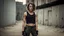 Placeholder: beautiful slender caucasian female technician with a knife, looking away from camera, black tank top, well toned muscles, weathered face, scratched sand camo metal details, short brunette wavy bob haircut, dystopian brutalist city scene