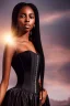 Placeholder: A portrait of a beautiful youthful black woman, wearing a corset, long silky black hair in ponytail, wizard, magical, ethereal, soft bright lighting. Concept art by wlop. Ultra quality 8k.