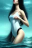 Placeholder: black long hair lady with white top in the ocean