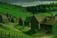 Placeholder: A dark green grassy town with wooden houses painted by Henri-Robert Bresil