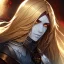Placeholder: Goodness, Golden hair, Blood splatter, silver skin, portrait, max detail, hd, Long hair, dark souls style, detailed eyes, eye color blue