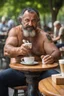 Placeholder: half figure photography of an ugly turkish barman servicing one coffee at the table, burly robust muscular chubby shirtless mainly chest very hairy 48 years old man, in a public park of Istambul , sunny day, sweat, wet, big shoulders, angry eyes, photorealistic