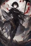 Placeholder: Anime girl with short black hair and sharp green eyes holding a sinister spear and sword, full body black and white metal armour, full body shot, Dark lighting,1woman, soaked in blood,Warrior