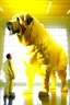 Placeholder: humans obey front of the huge yellow-white big dog, myistic atmhosphare. Realistic, render, 4k