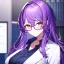 Placeholder: Clear focus, 8k, high quality, detailed, beautiful lighting, girl, vibrant colors, purple long hair, vibrant golden eyes, office clothes, purple glasses, messy hair,