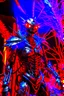 Placeholder: A seemingly sinister humanoid being made entirely of sharpened metal blades and spikes. It has glowing red eyes. The setting is a desert cave. The are impaled humans connected to a metal tree in the background. Photograph.
