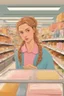 Placeholder: In the music video, a 23-year-old woman with brown/blonde hair and bright blue eyes. she has a messy bun. Standing in the freezer section of a supermarket. Reading a book. you can see it is cold. Wes anderson style. She is sitting in a cosy sofa with a small table next to her and a lamp. People are shopping near her. The freezers are behind her. There is only one book. You can see the shoppers next to her. The colors are green and orange.