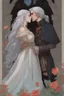 Placeholder: A couple from the dnd game curse of Strahd kissing. She has white hair he has long black hair. Romantic, sweet, loving, possessive, protective, kiss