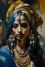 Placeholder: Painted portrait of Hindi woman in turban, long hair and loads of jewellery painted by paint brush in style of Braque