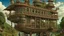 Placeholder: steampunk gipsy caravan crossed with a boat flying high over a jungle with platforms, verandas, and people, cogs, pulleys, intricate