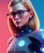 Placeholder: a young woman, BLONDE hair, green eyes, glasses, deep colors, cyberpunk, great pose, Realistic photography, incredibly detailed, ultra-high resolution, 8k, complex 3d render, cinema 4d, anatomically correct