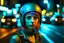 Placeholder: very beautiful girl, colorful hair, dressed in a car racing suit, outside background, city street in the background, at night, helmet on and open, looking at the viewer, photo taken with a Sony Alpha III camera, 50mm lens, photo taken from afar,cinematic look