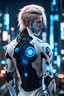 Placeholder: Man with Blonde Hair, small face tattoo, glowing blue cybernetic eye, black cybernetic arm, white open coat, thin silver armor underneath night, city background, high detail, 4k, cables from the back